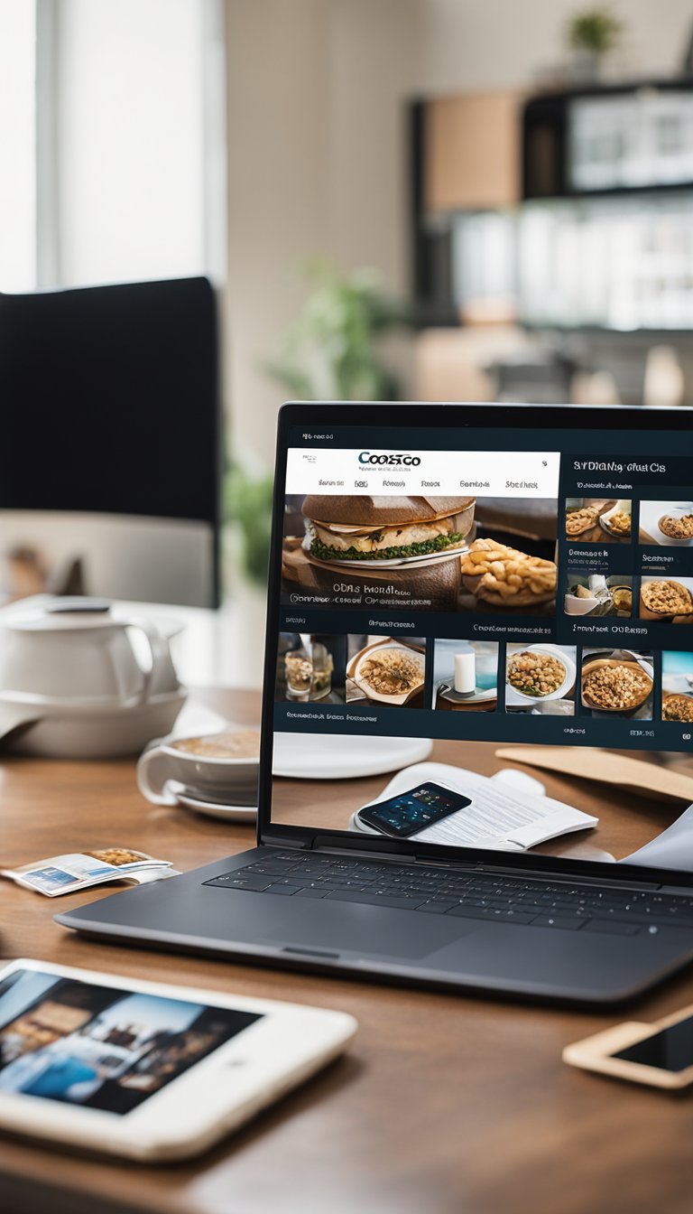 A family gathering, with old photo albums spread out on a table. A computer screen displays the Costco photo center website, while a smartphone shows the imemories app