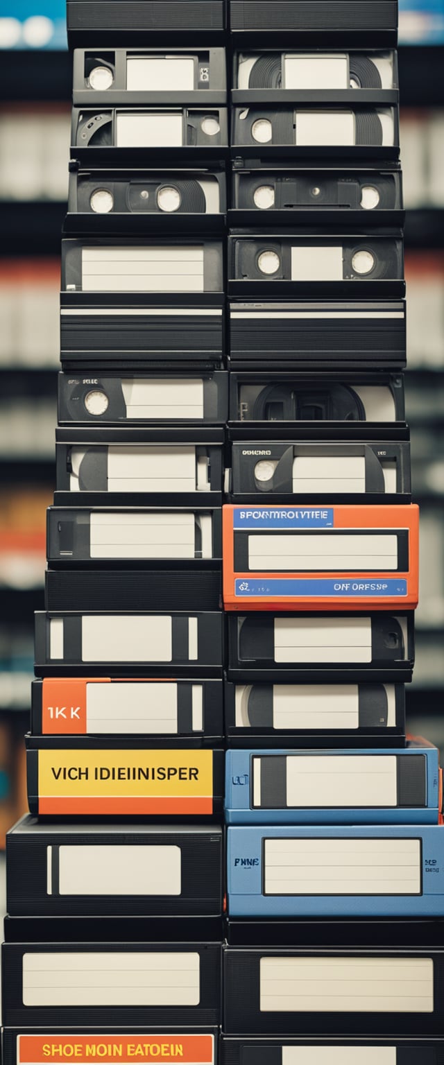 A stack of VHS, S-VHS, and VHS-C tapes arranged side by side, each labeled with their respective format, against a plain background