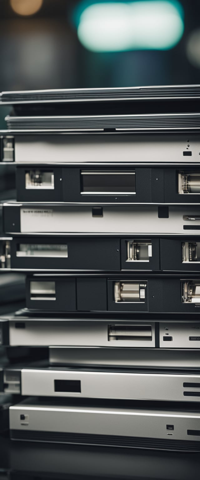 A stack of VHS tapes being placed into a digital conversion machine